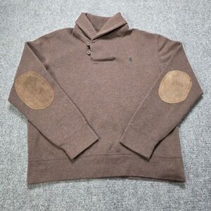 Polo Ralph Lauren Shawl Collar Sweatshirt Brown Elbow Patches Logo Size L EUC